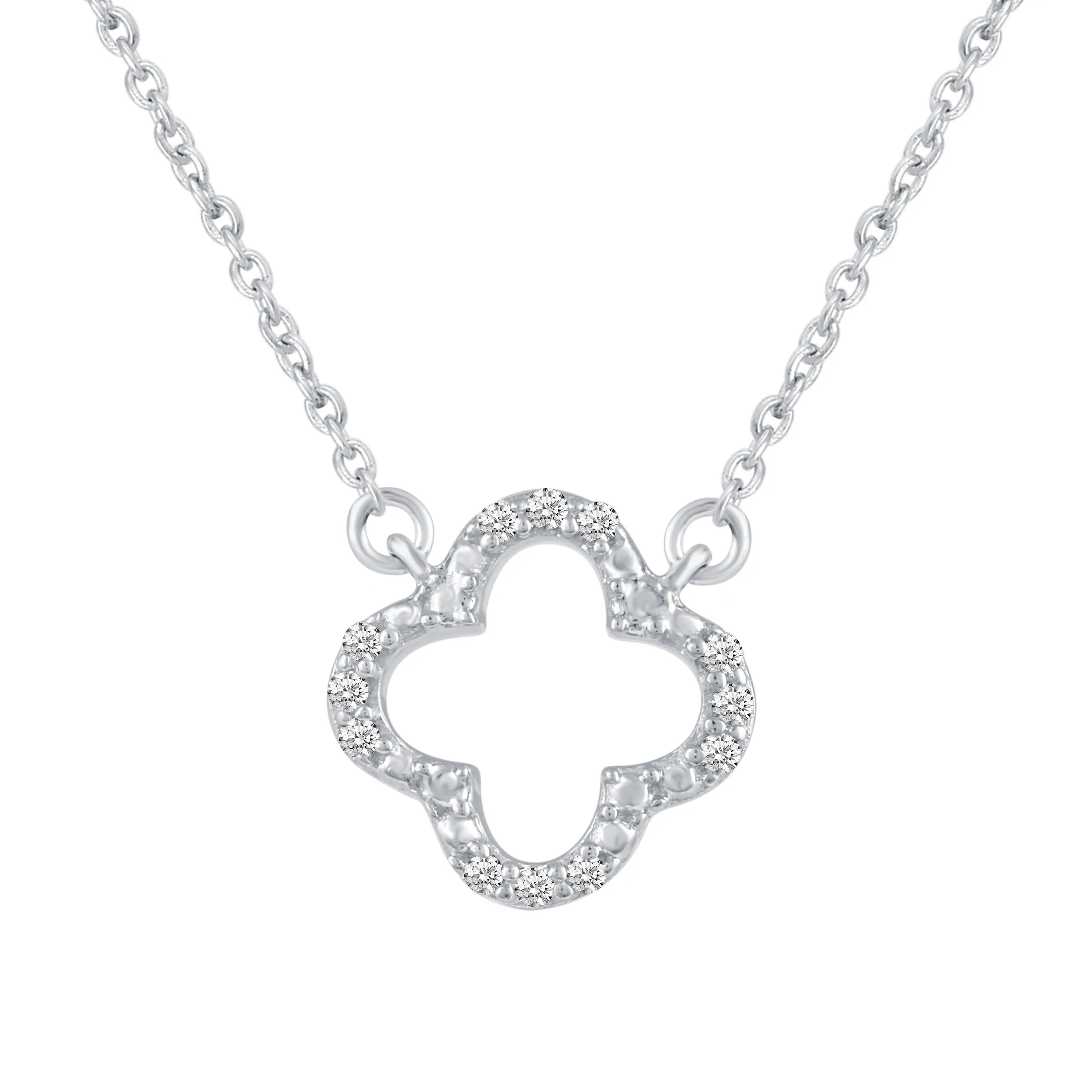 Open Four Leaf Clover 1/20 Cttw Natural Diamond Pendant Necklace set in 925 Sterling Silver