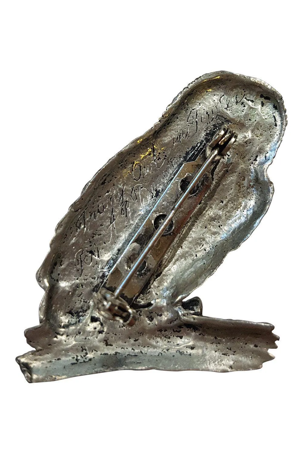 OWL BROOCH Vintage Pewter Tawny Owl on Matching Pewter Branch