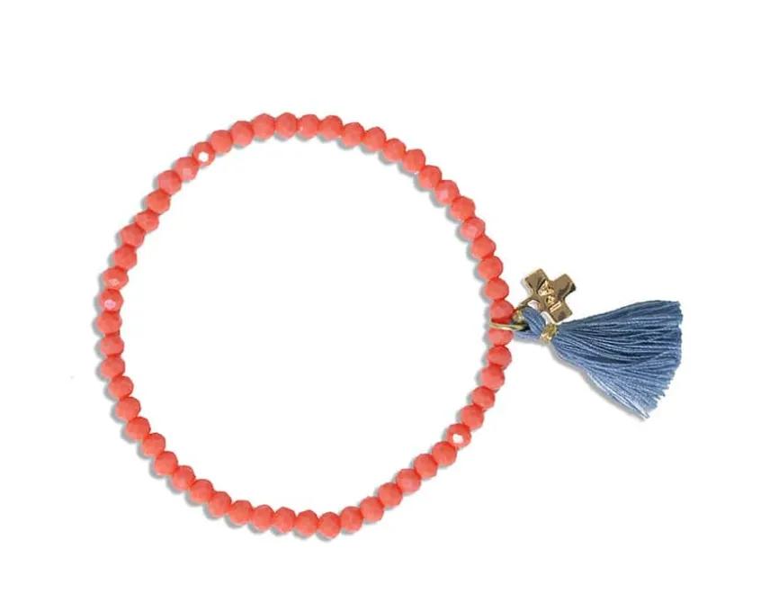 Patsy Solid Crystal Stretch Bracelet With Tassel Coral