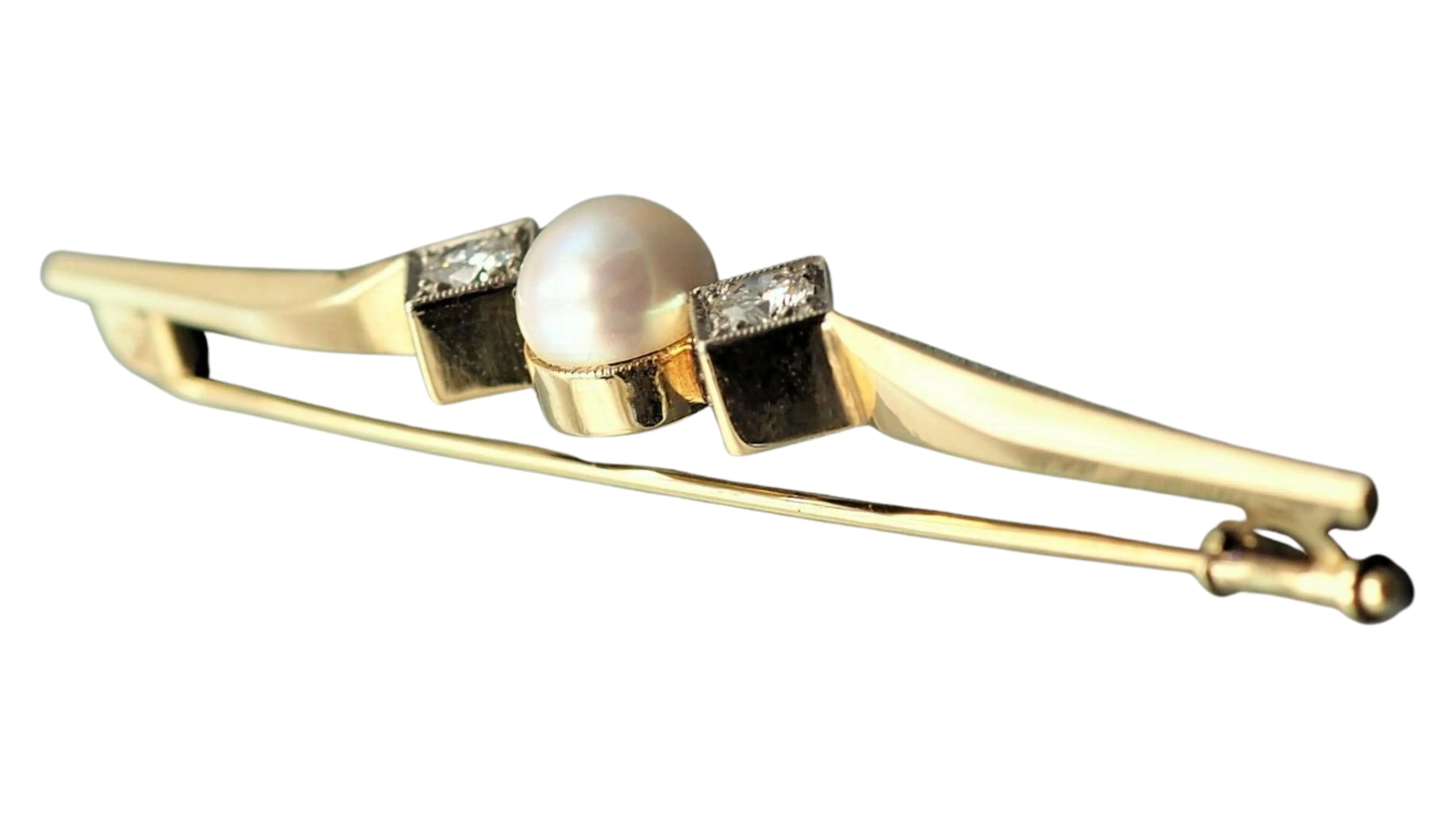 Pearl & Diamond 14ct Yellow & White Gold Bar Brooch