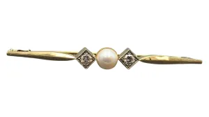 Pearl & Diamond 14ct Yellow & White Gold Bar Brooch