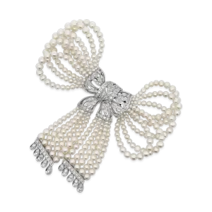 Pearl & Diamond Bow Design Brooch