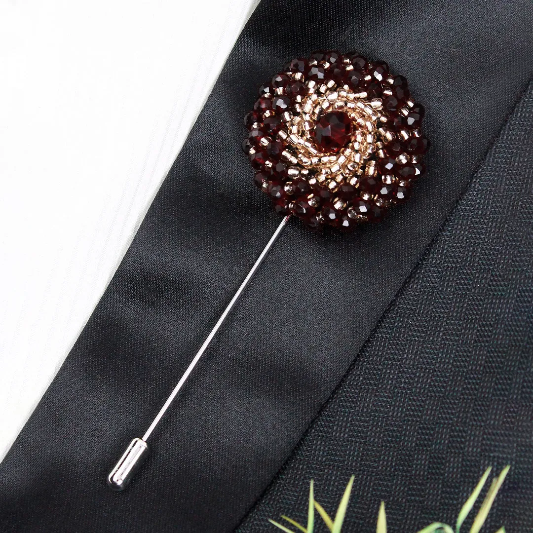 Peluche Crystal Spiral Flower Maroon, Golden Brooch Lapel Pin