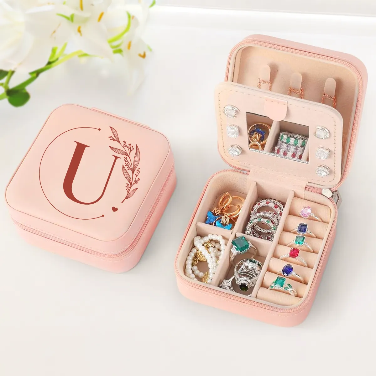 Personalized Jewelry Box, Pink Small Travel Jewelry Box with Initial U, Monogrammed Jewelry Case Organizer for Girls Women Teen, Mini Travel Essentials Gifts for Christmas Birthday