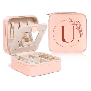 Personalized Jewelry Box, Pink Small Travel Jewelry Box with Initial U, Monogrammed Jewelry Case Organizer for Girls Women Teen, Mini Travel Essentials Gifts for Christmas Birthday