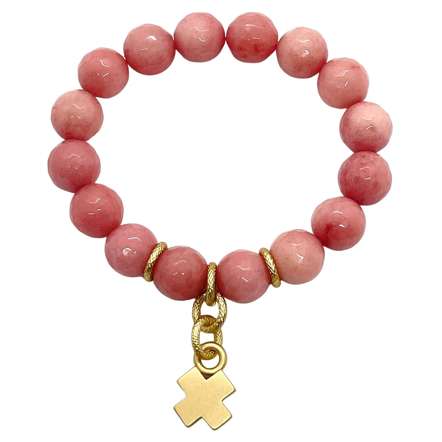 Pink Coral Jade Matte Gold X Charm Stretch Bracelet