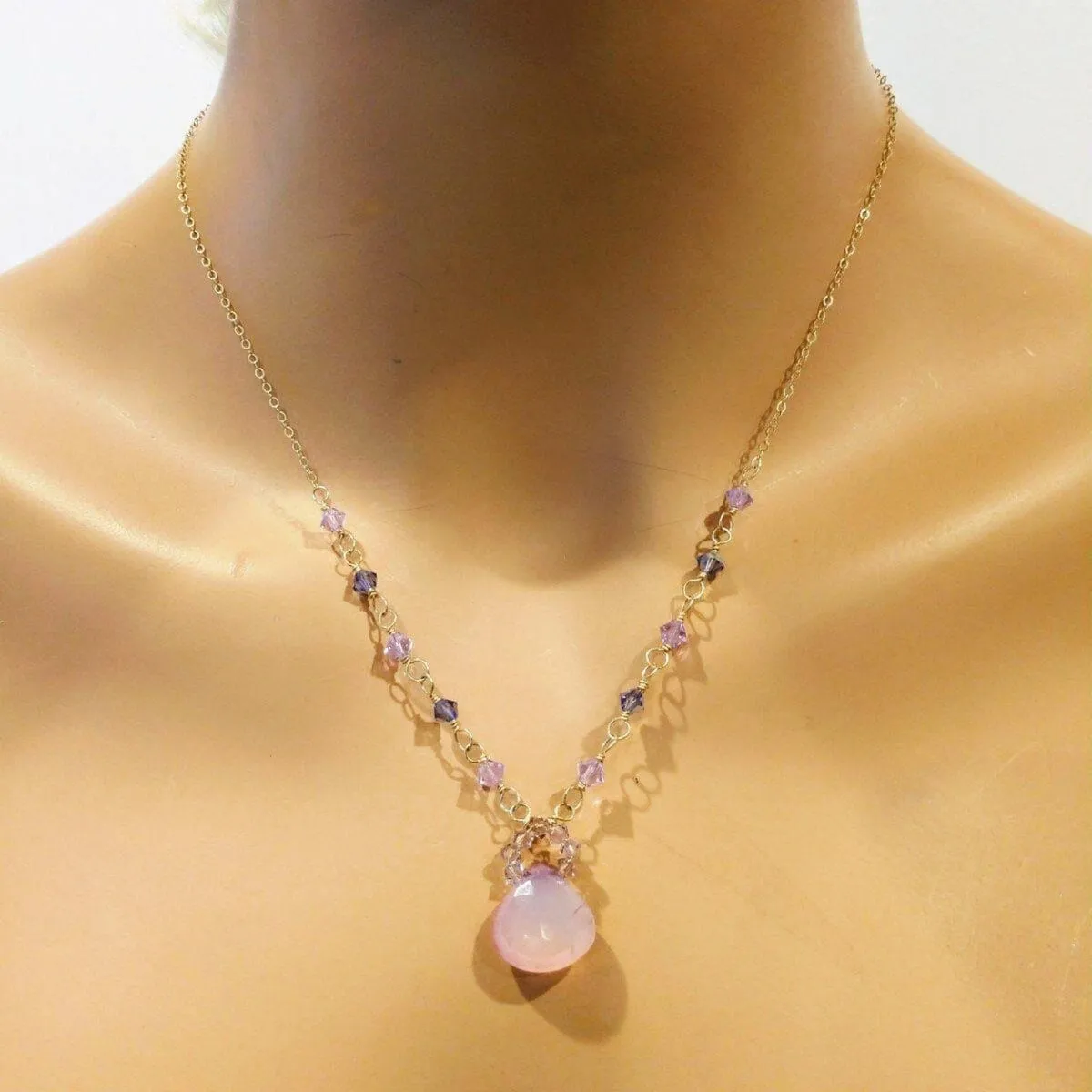 Purple Chalcedony Drop 14 KT Gold Filled Gemstone Collier Necklace