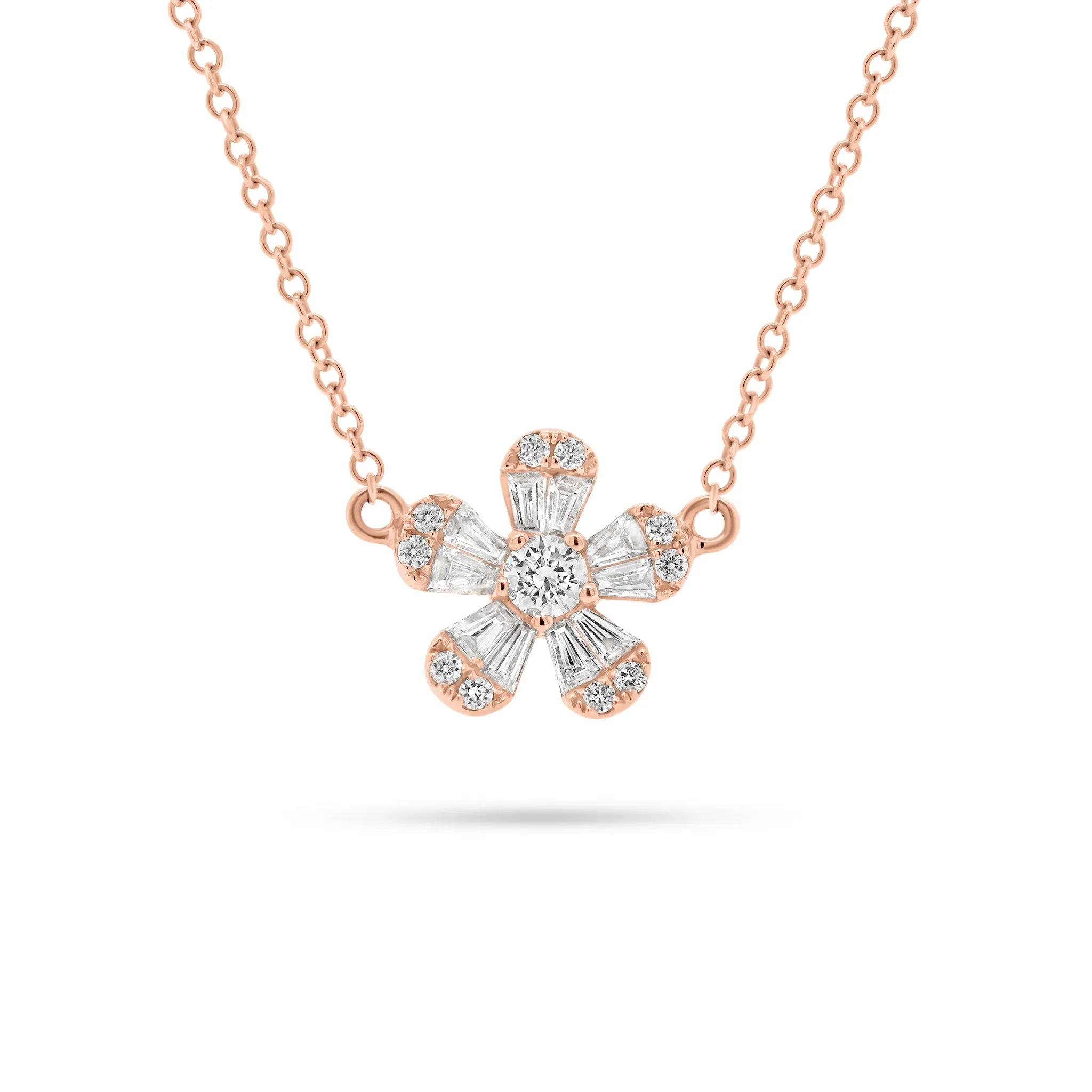 Round & Baguette Diamond Flower Necklace