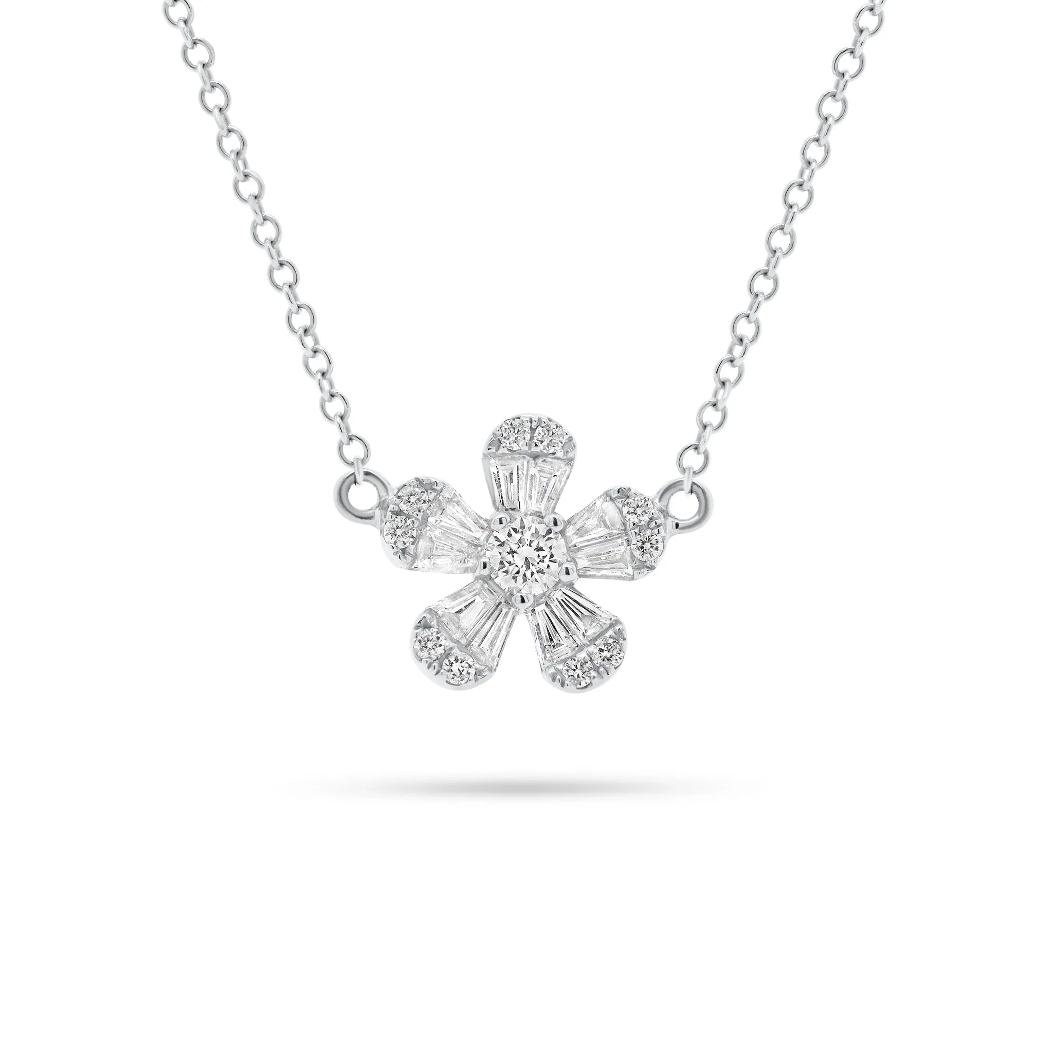 Round & Baguette Diamond Flower Necklace