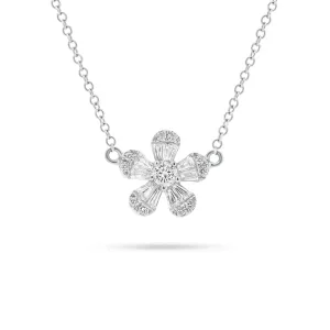 Round & Baguette Diamond Flower Necklace