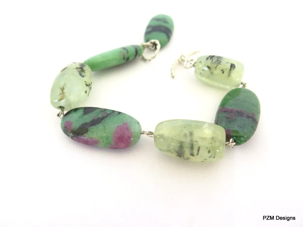 Ruby Zoisite Bracelet with Large Prehnites Set in Sterling Silver