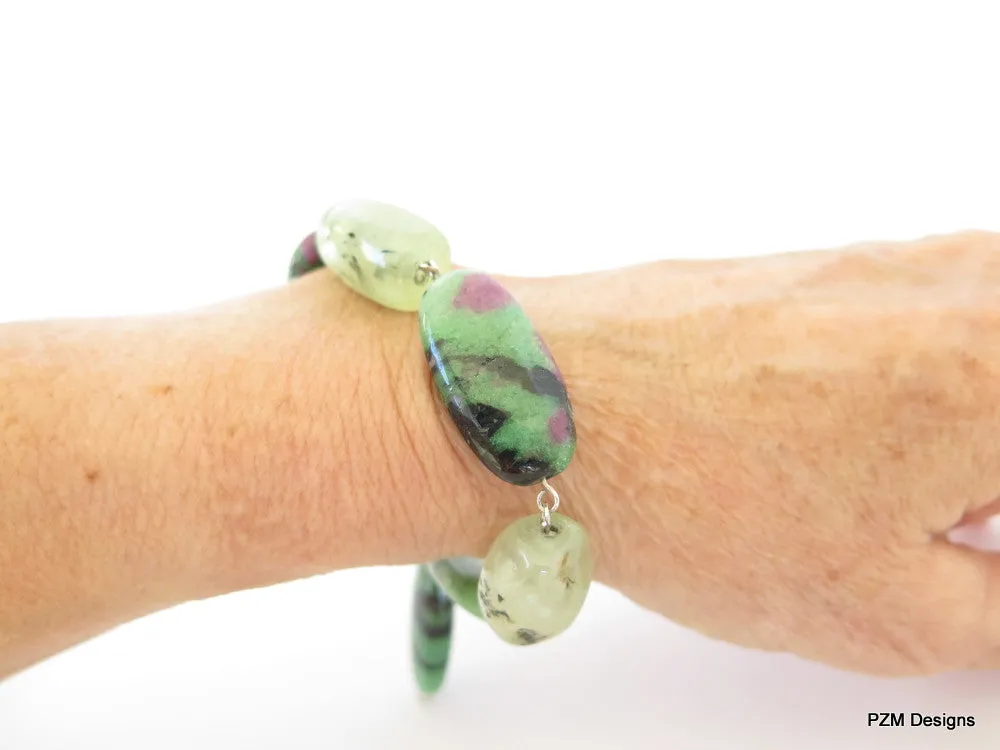 Ruby Zoisite Bracelet with Large Prehnites Set in Sterling Silver