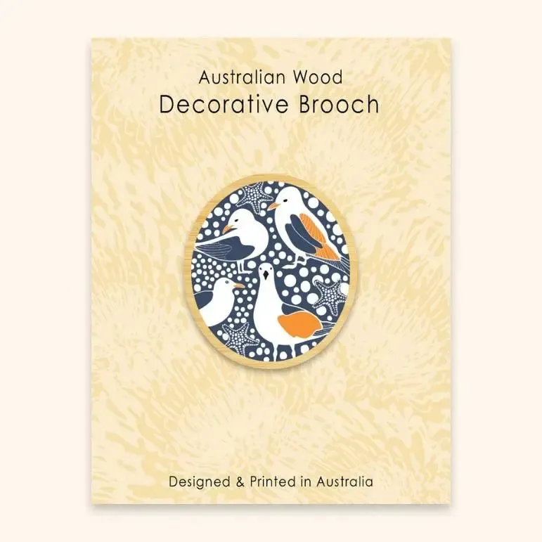 Seagull Birds Australian Wooden Brooch