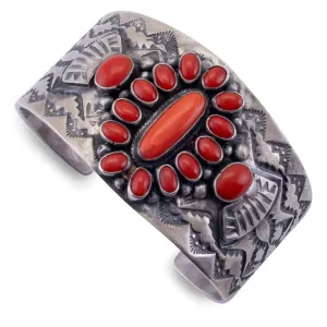 Sheila Tso Navajo Coral USA Native American Made 925 Sterling Silver Cuff