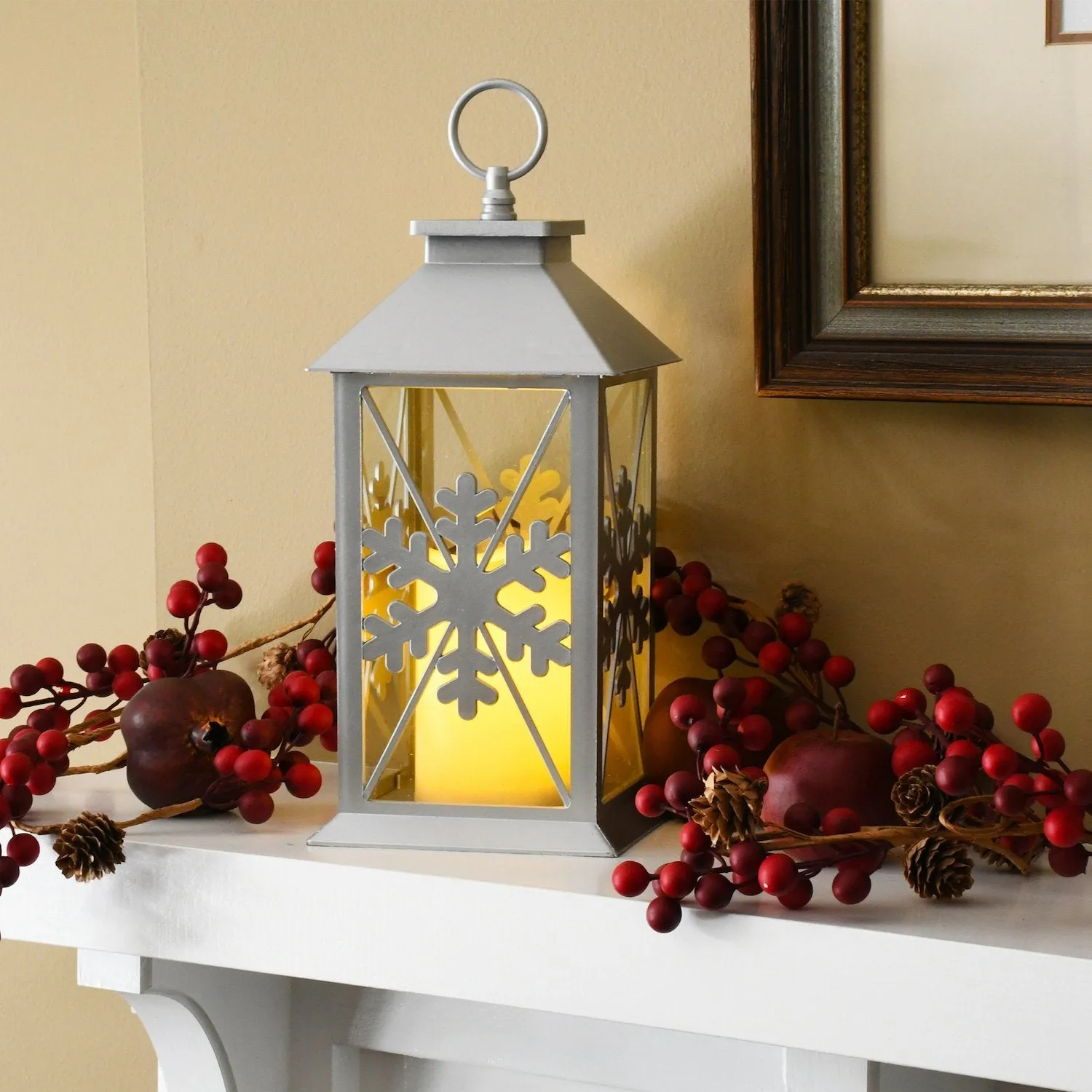 Silver Snowflake Lantern with Battery Operated Candle