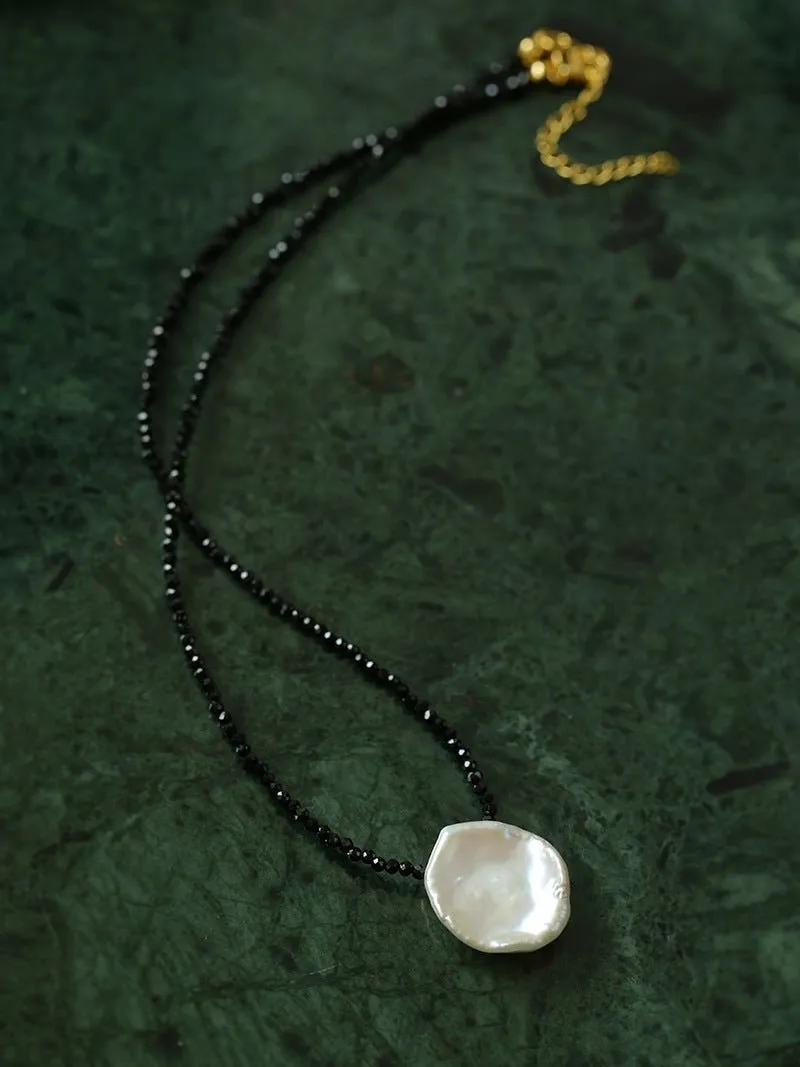 Single Large Petal Baroque Pearl Black Spinel Necklace