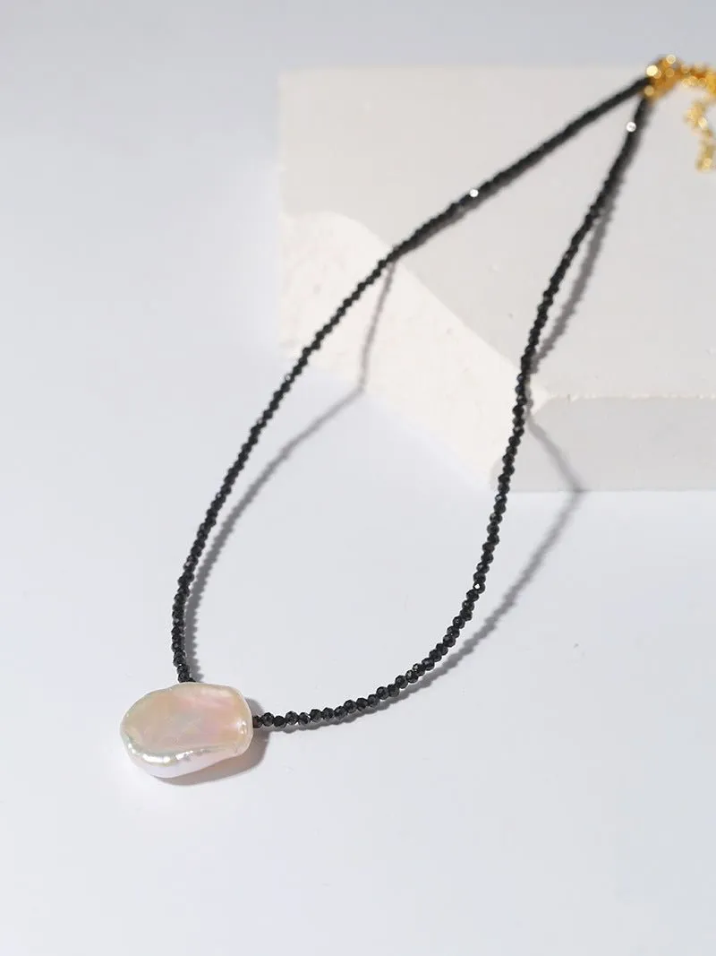 Single Large Petal Baroque Pearl Black Spinel Necklace