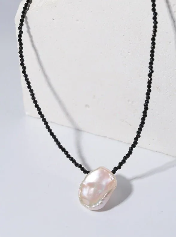 Single Large Petal Baroque Pearl Black Spinel Necklace