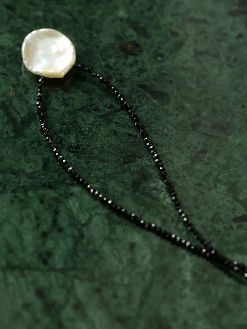 Single Large Petal Baroque Pearl Black Spinel Necklace