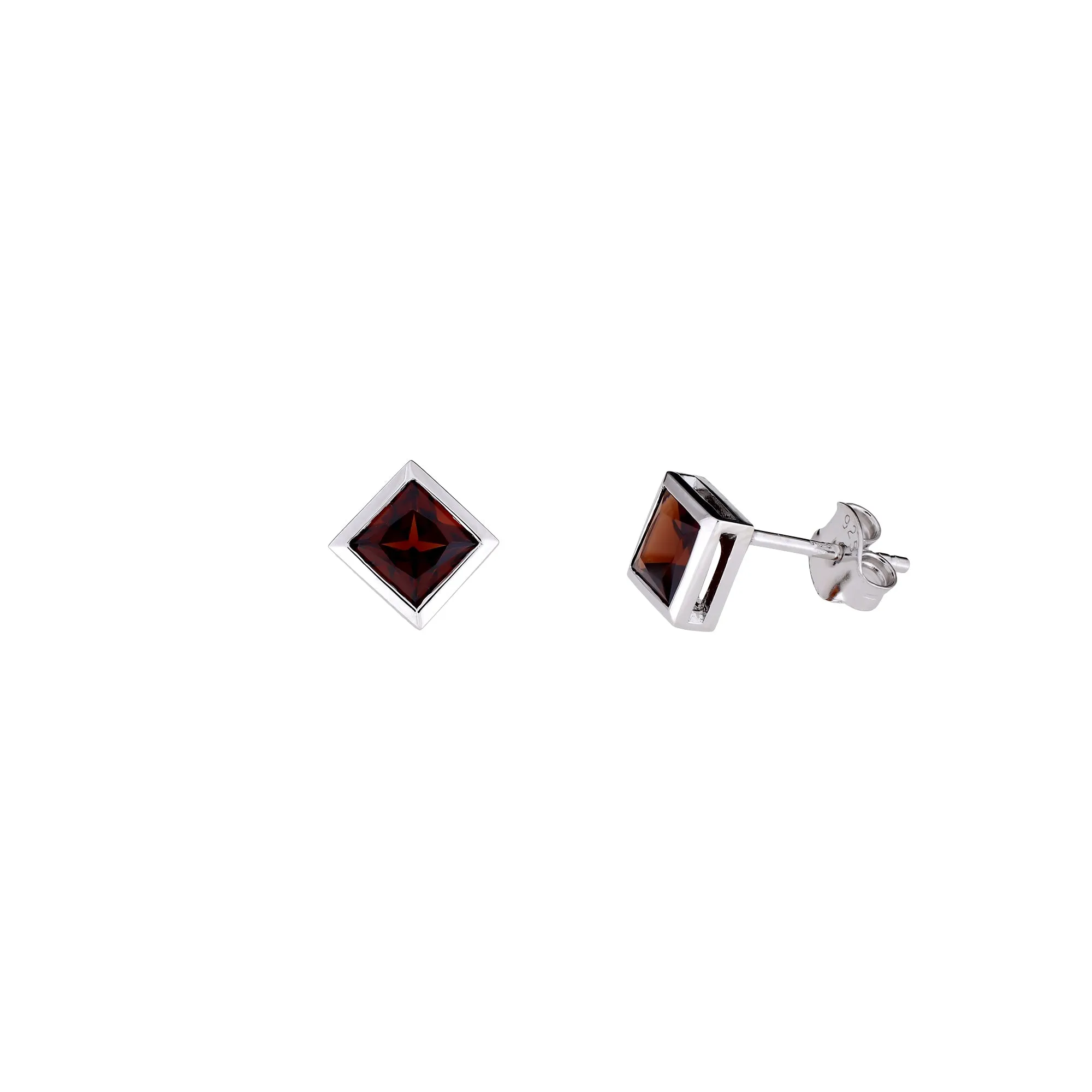 Sterling Silver Princess Cut Garnet Stud Earrings - Small