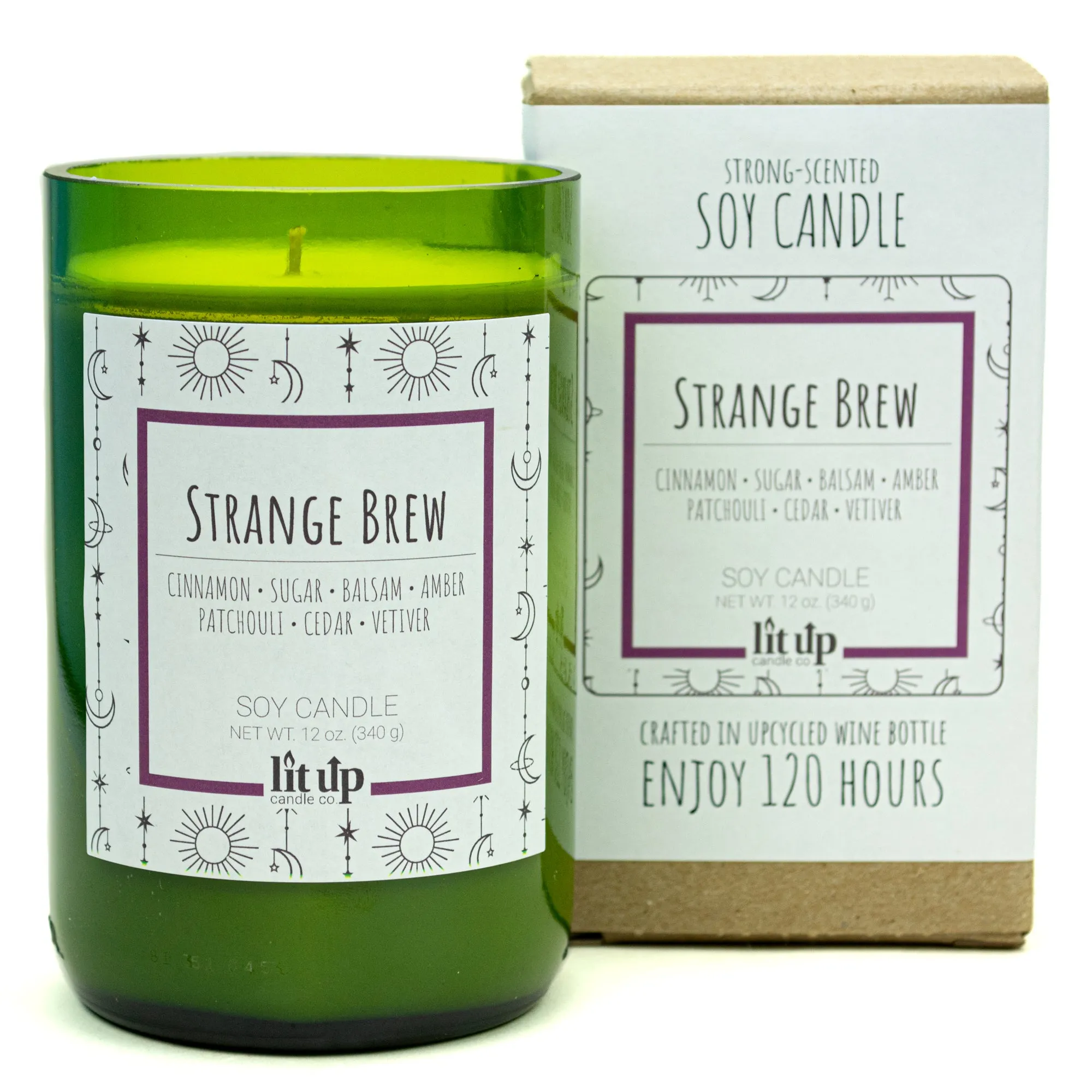 Strange Brew scented 12 oz. soy candle in upcycled wine bottle