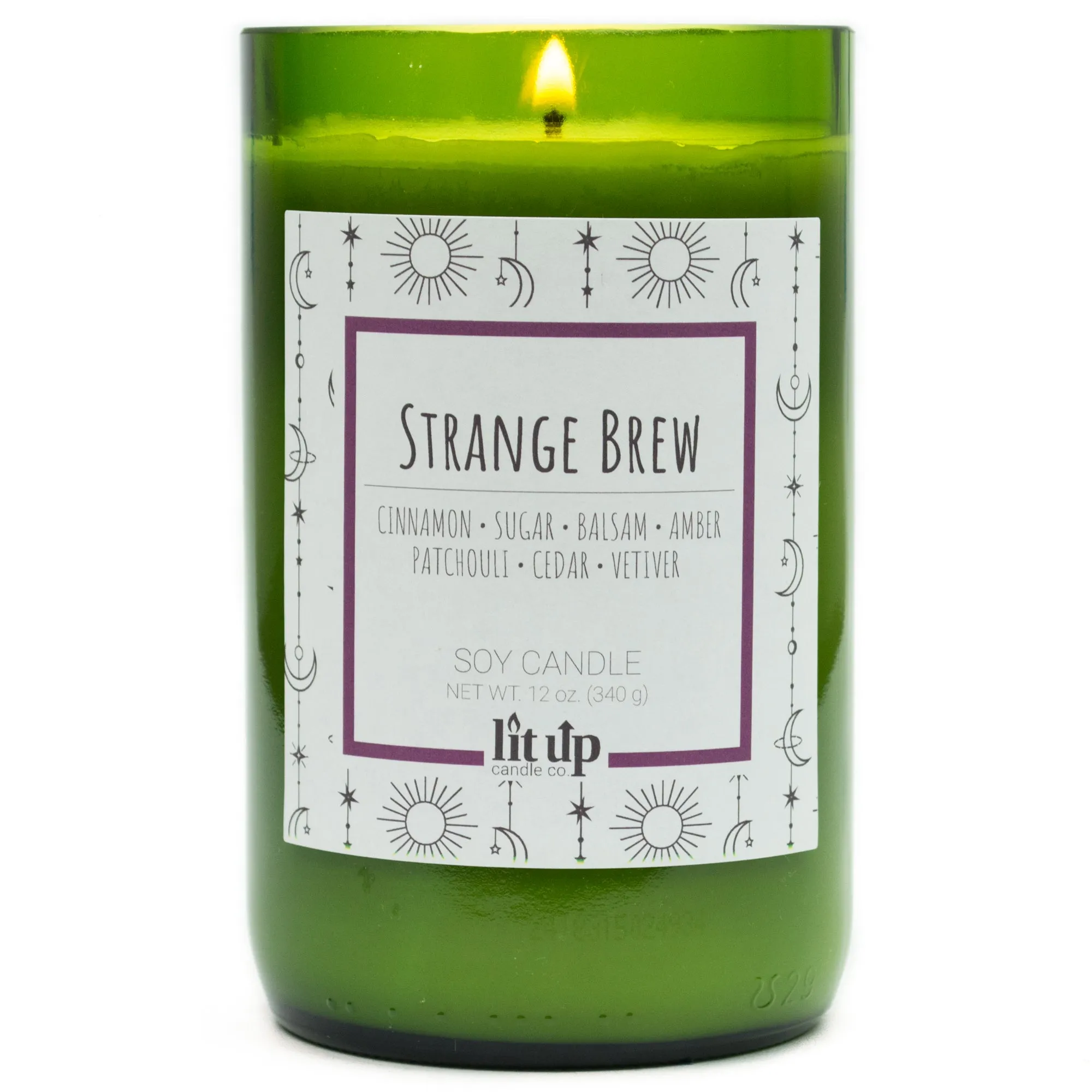 Strange Brew scented 12 oz. soy candle in upcycled wine bottle