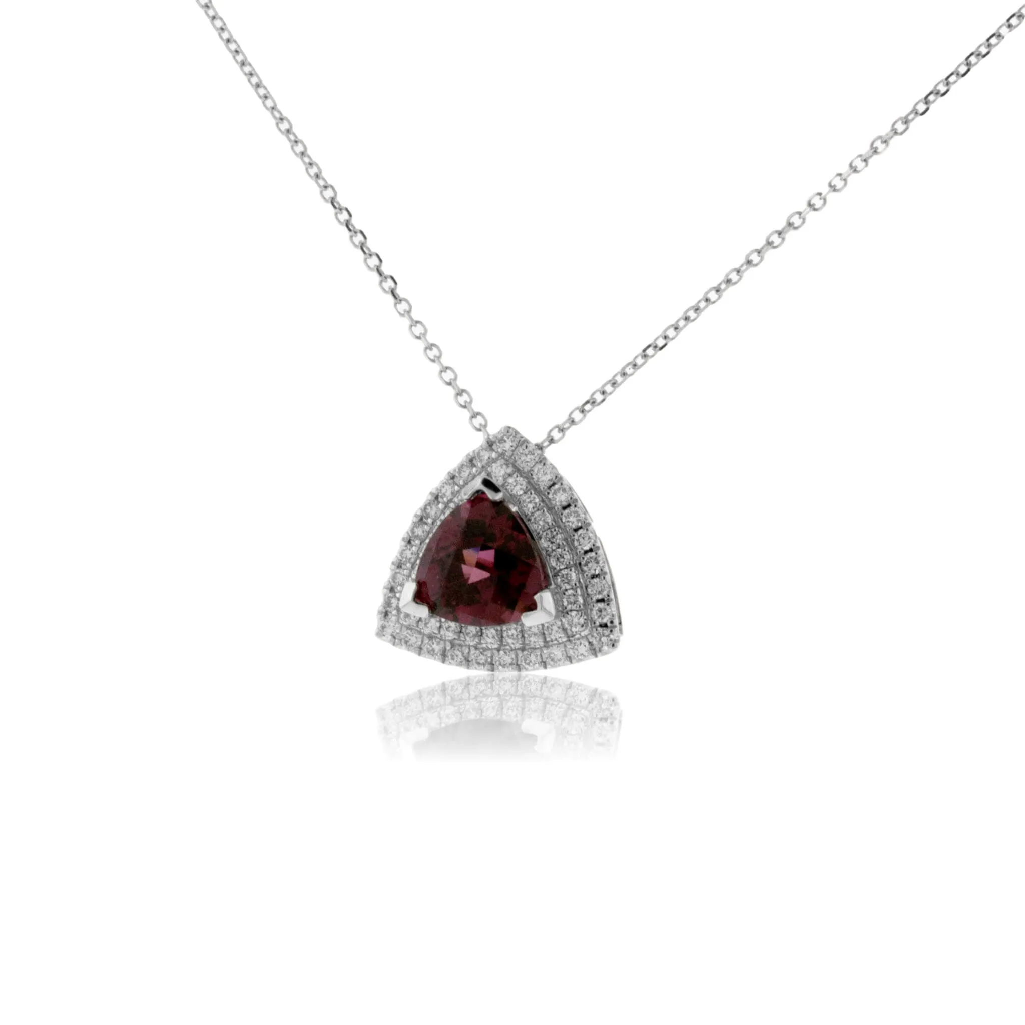 Trillion Rhodolite Garnet in Double Diamond Halo Pendant