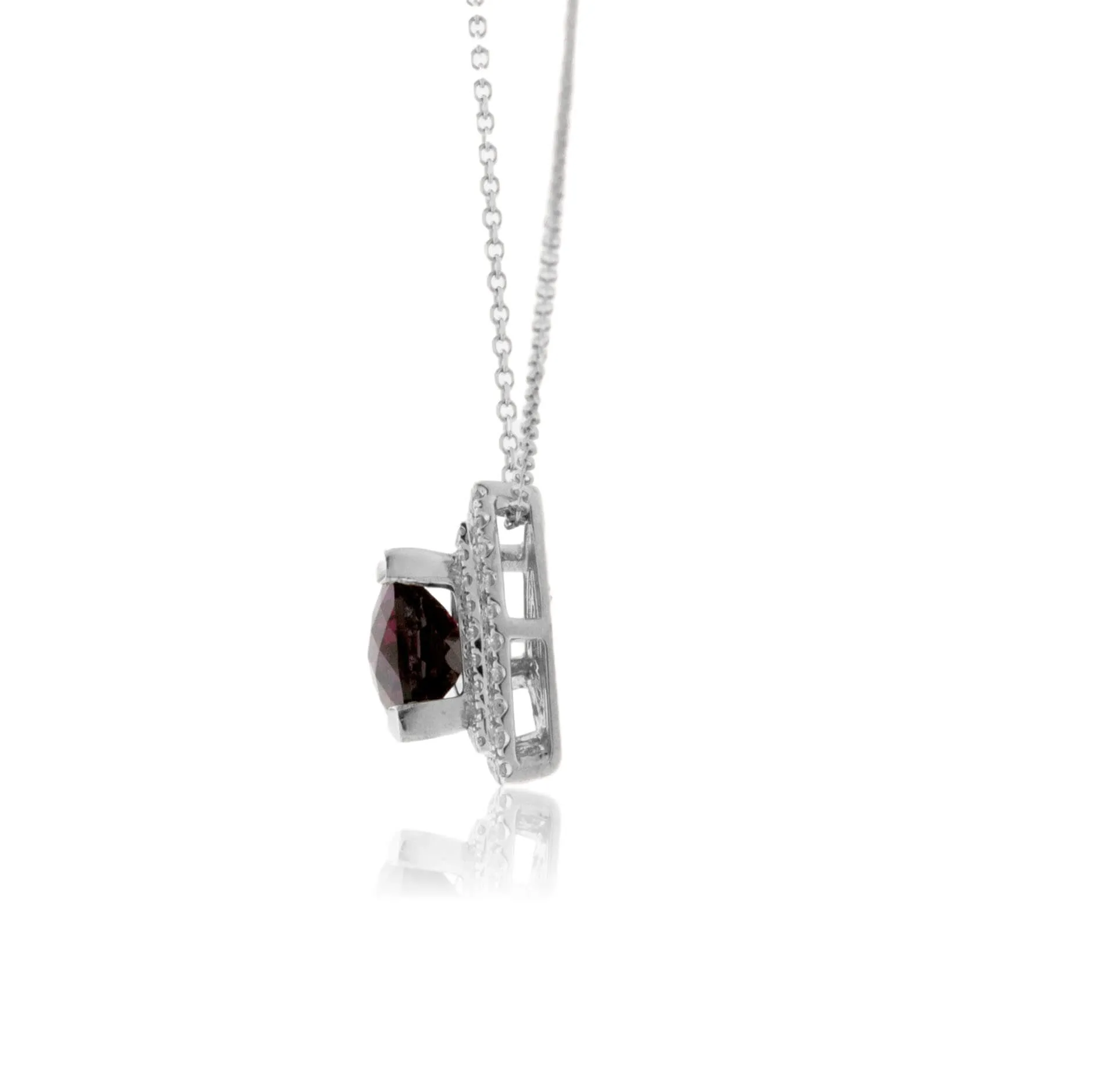 Trillion Rhodolite Garnet in Double Diamond Halo Pendant