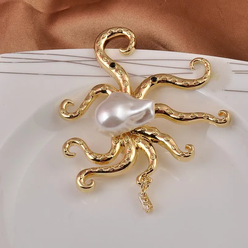 Unisex Tropic Octopus Large Pearl Brooch