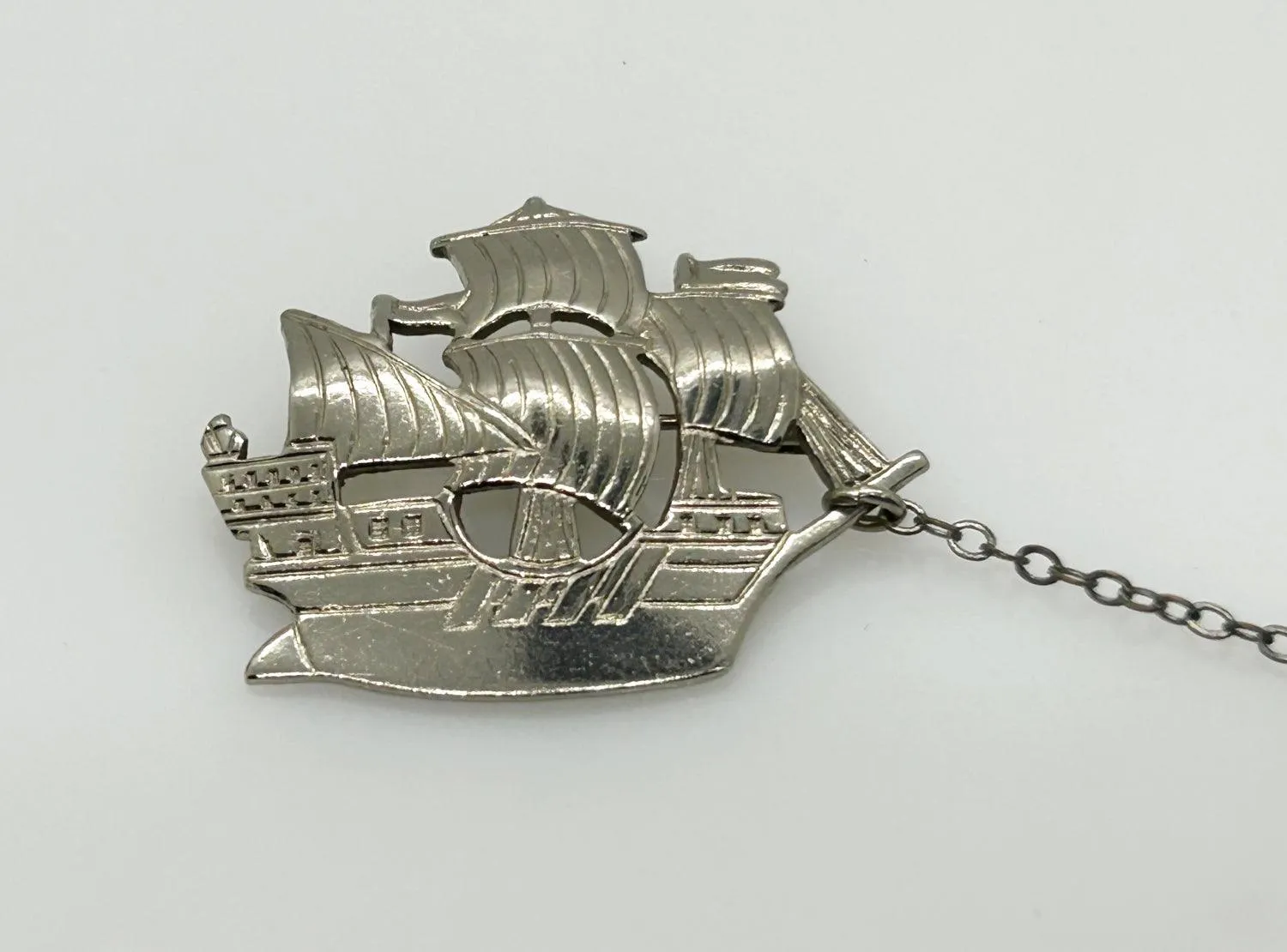 Vintage 1930s Silver Tone Sailing Ship and Anchor Brooch Chatelaine