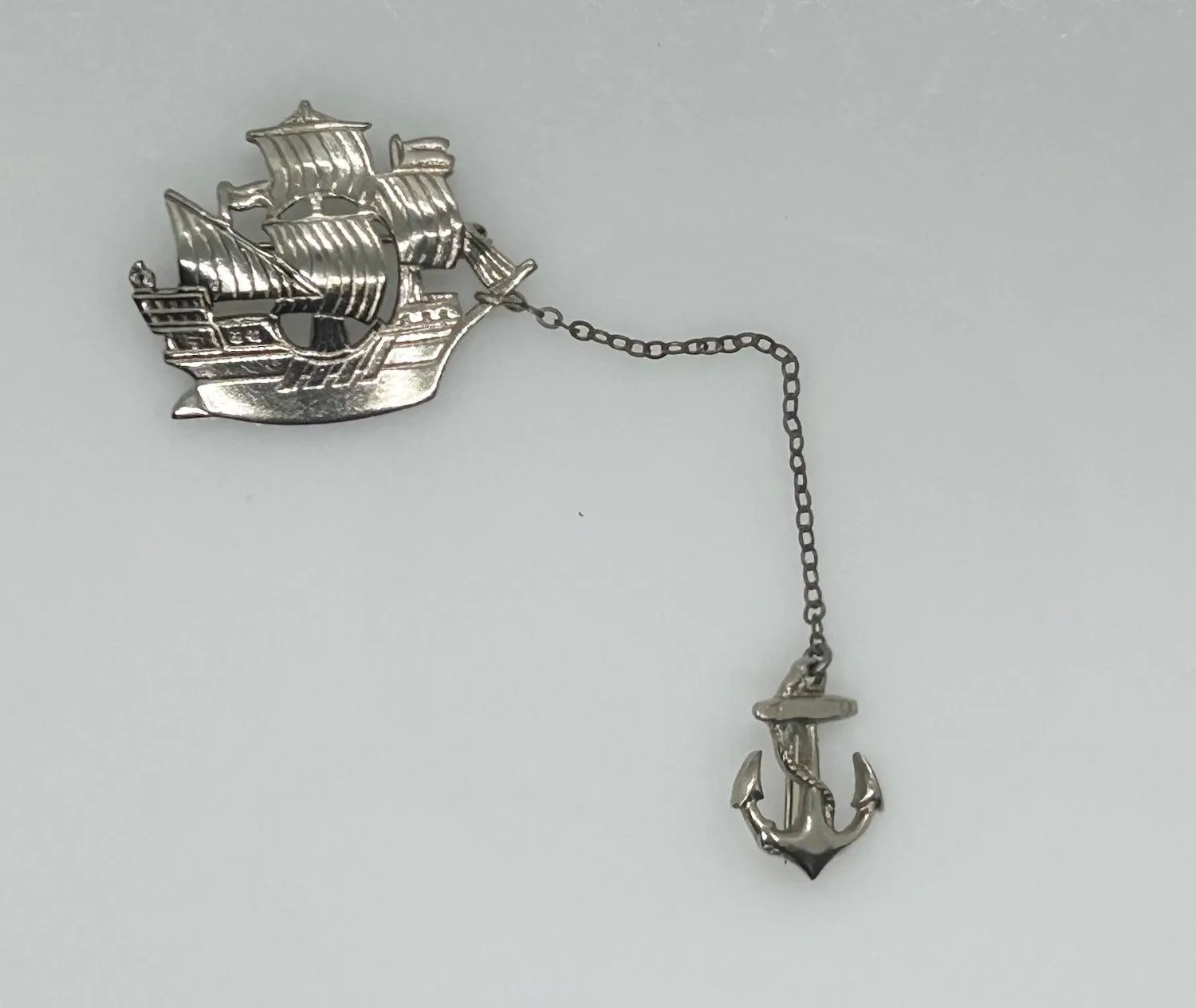 Vintage 1930s Silver Tone Sailing Ship and Anchor Brooch Chatelaine