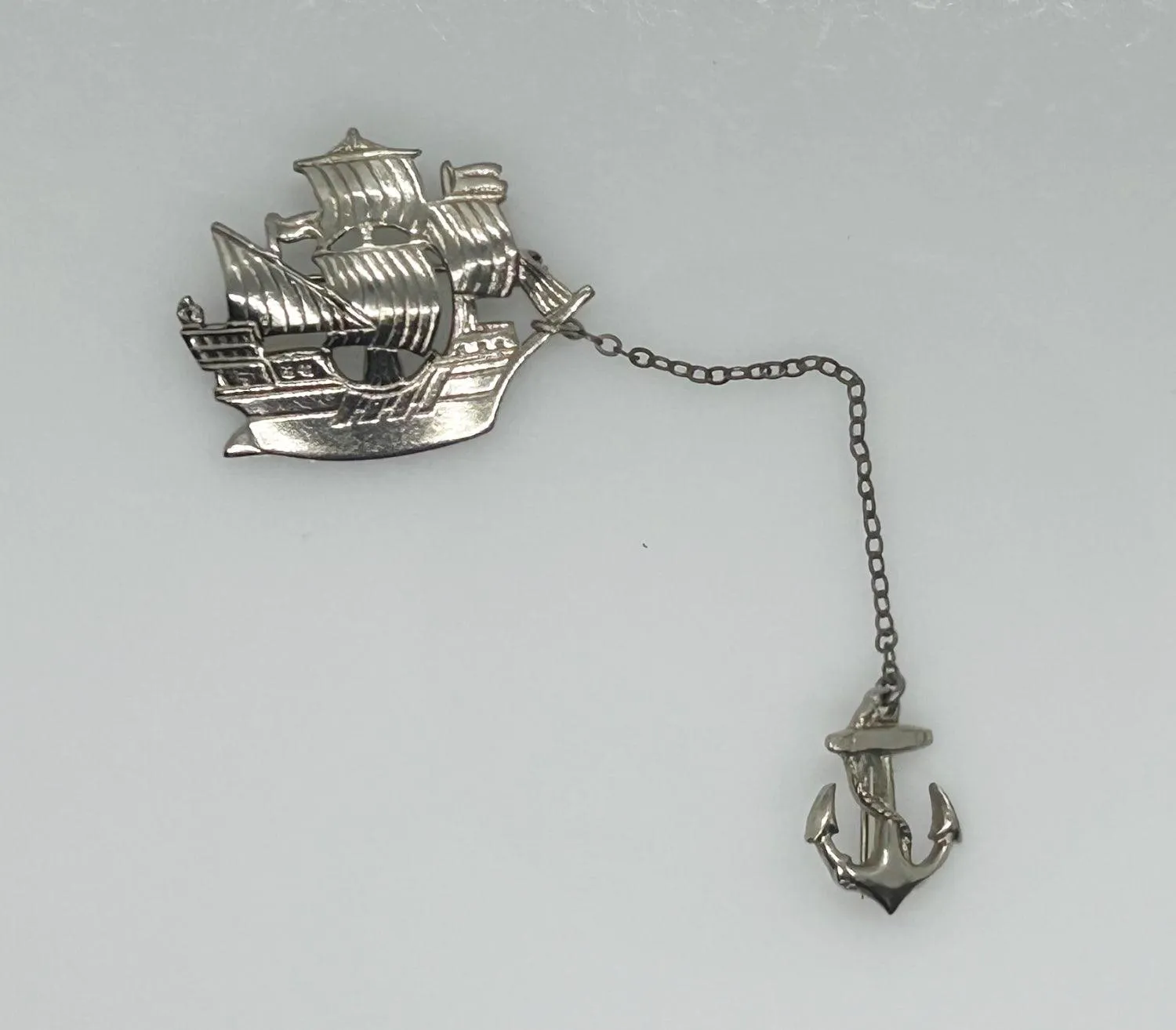 Vintage 1930s Silver Tone Sailing Ship and Anchor Brooch Chatelaine