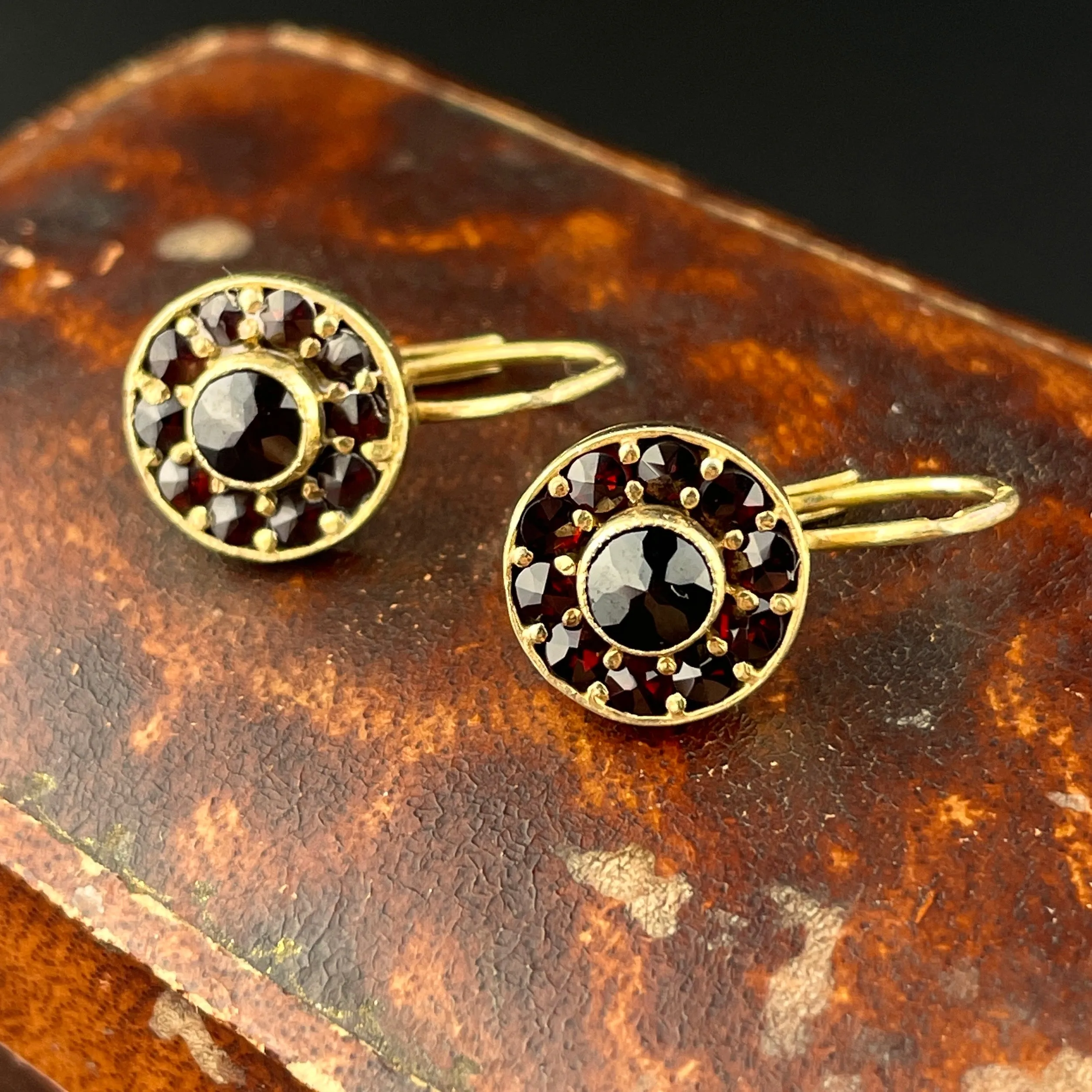 Vintage Garnet Circular Silver Gold Vermeil Earrings