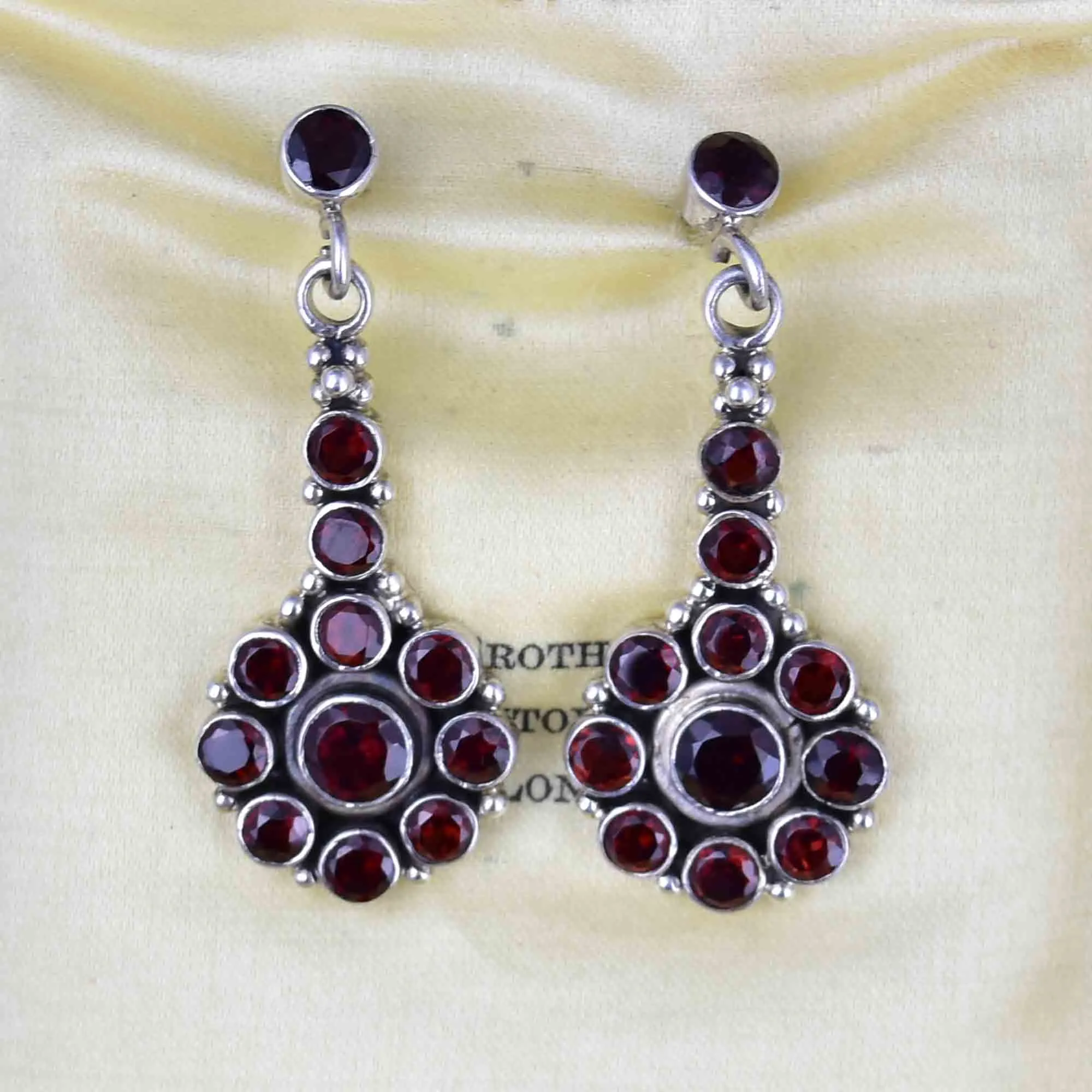 Vintage Garnet Floral Cluster Long Drop Earrings in Silver