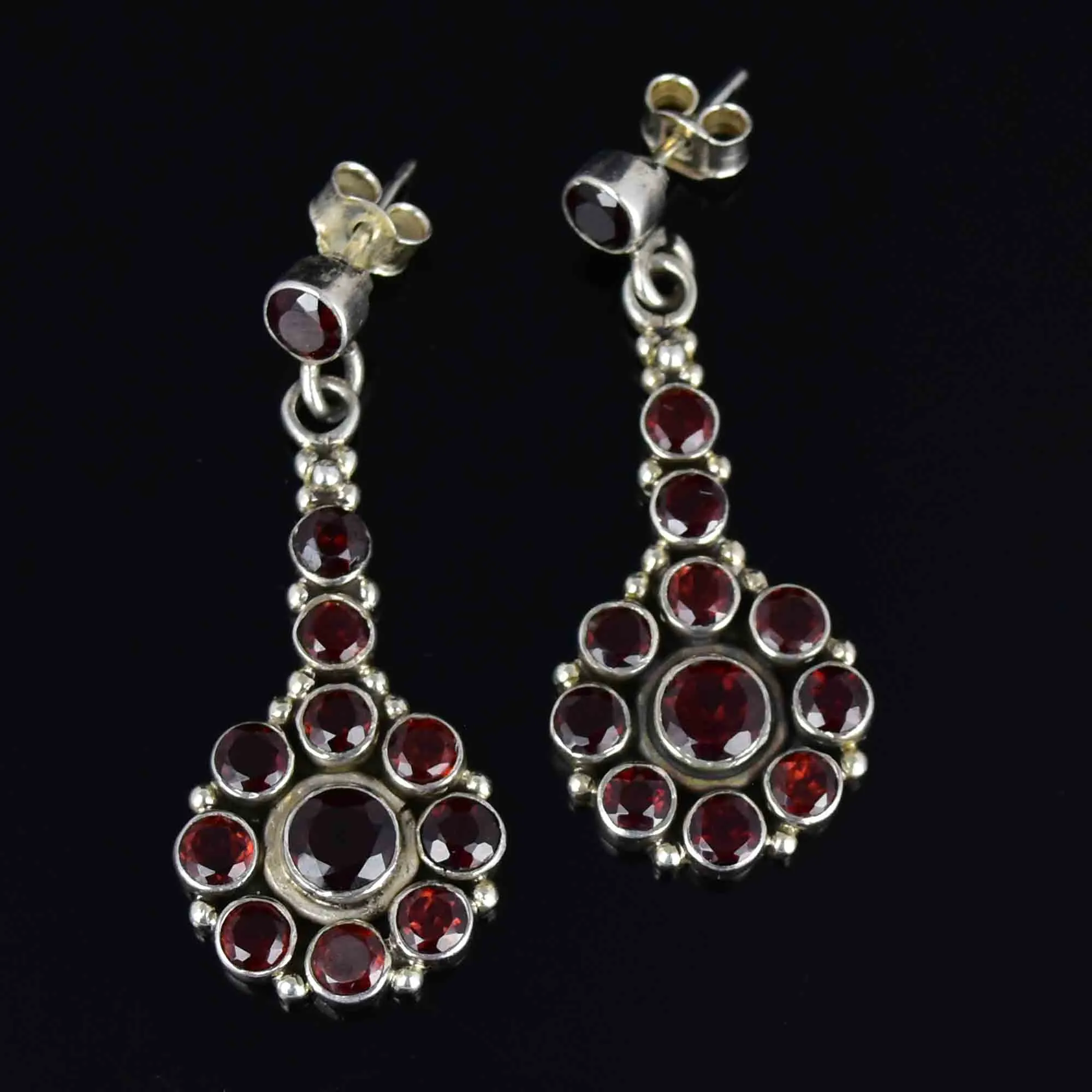 Vintage Garnet Floral Cluster Long Drop Earrings in Silver