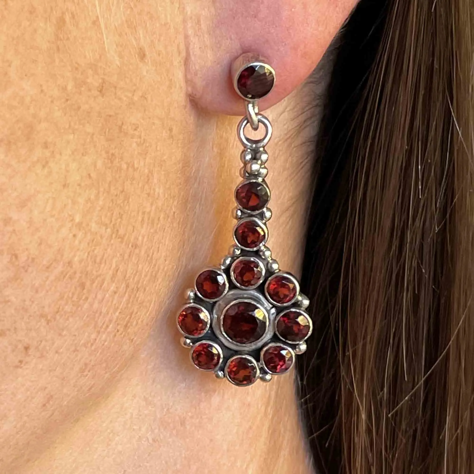 Vintage Garnet Floral Cluster Long Drop Earrings in Silver