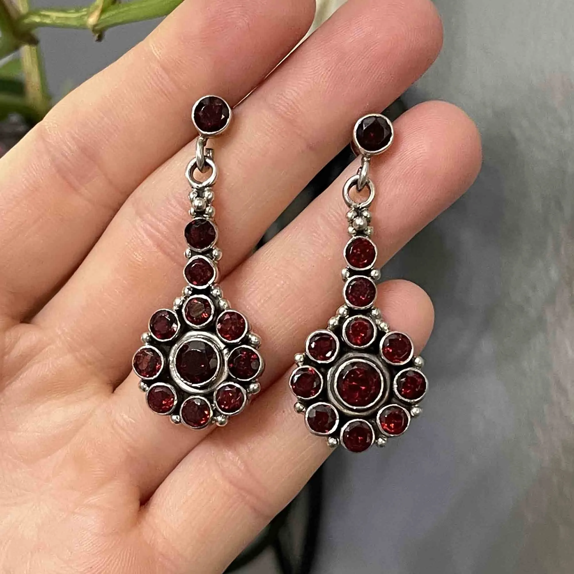 Vintage Garnet Floral Cluster Long Drop Earrings in Silver