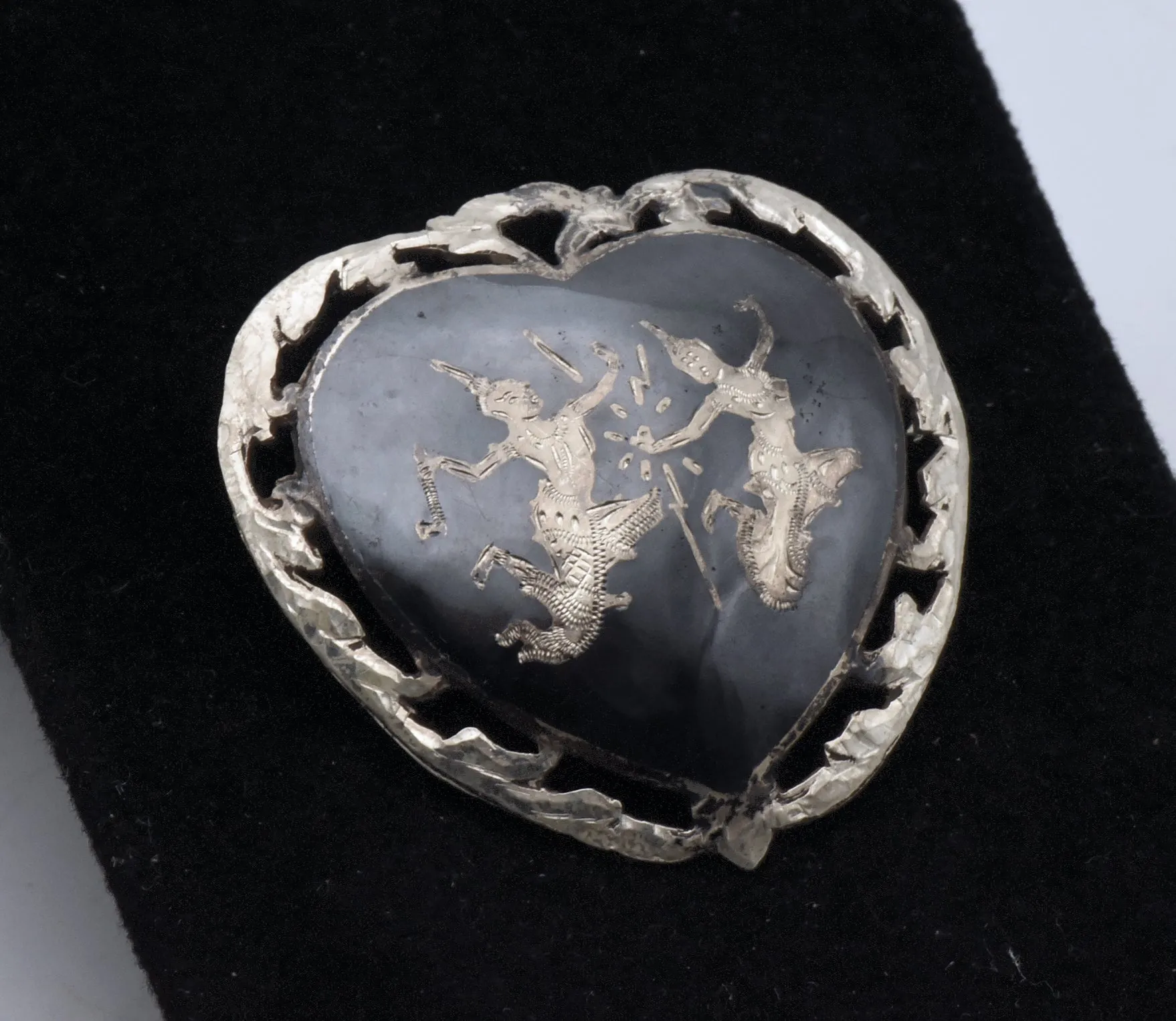 Vintage Sterling Silver Siamese Dancers Heart Brooch