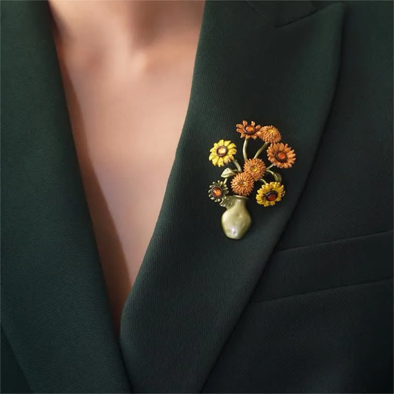 Women's Enamel Sunflower Vase Brooch